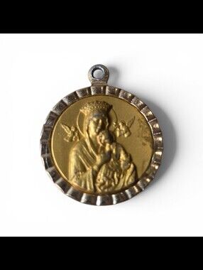 Vintage Gold Toned Religious Medal Virgin Mary Baby Jesus Pendant Made in Italy